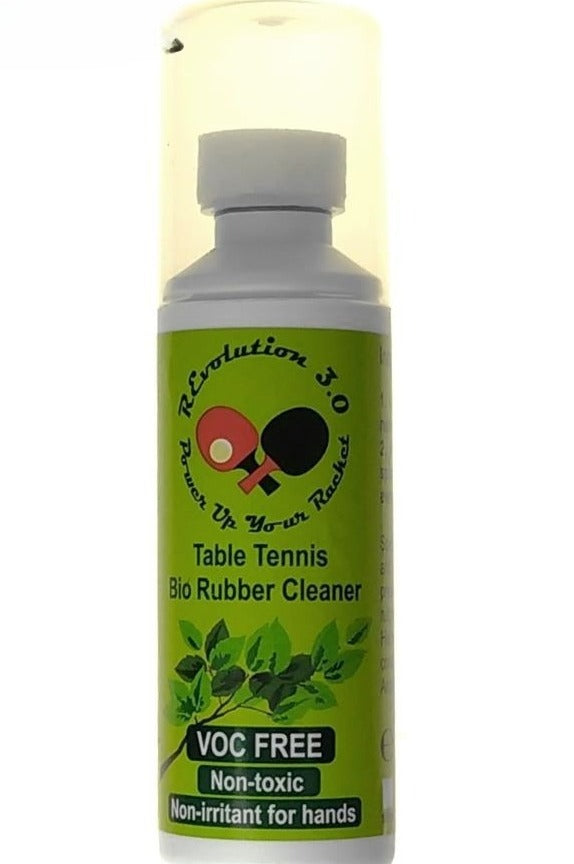 Table tennis bio rubber cleaner bottle with green label on a white background